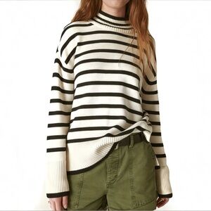 Lucky Brand Womens Sweater M Striped Mock Neck Cotton Cashmere Blend Oversize